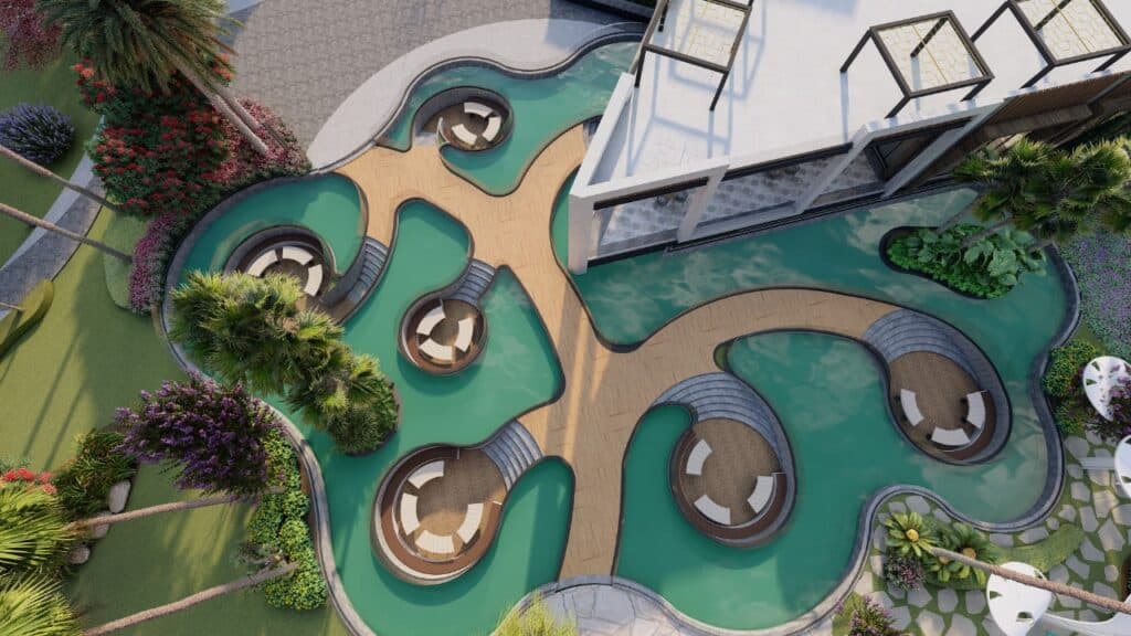 "The Creek DHA Lahore commercial landscape – elegant pathways and lush plantation design"