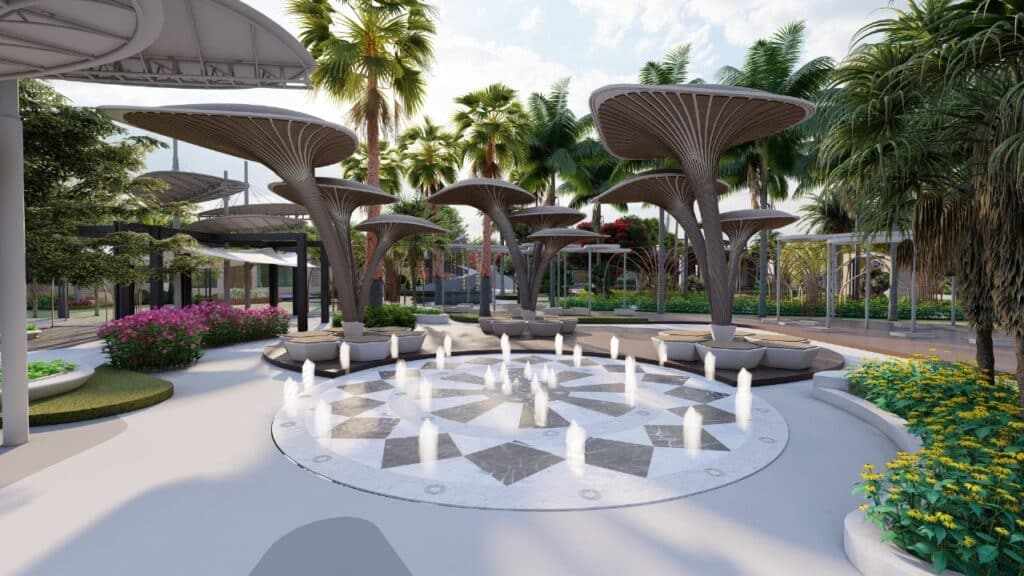 "DHA Lahore The Creek project – custom commercial landscaping with shrubs, lighting, and natural textures"