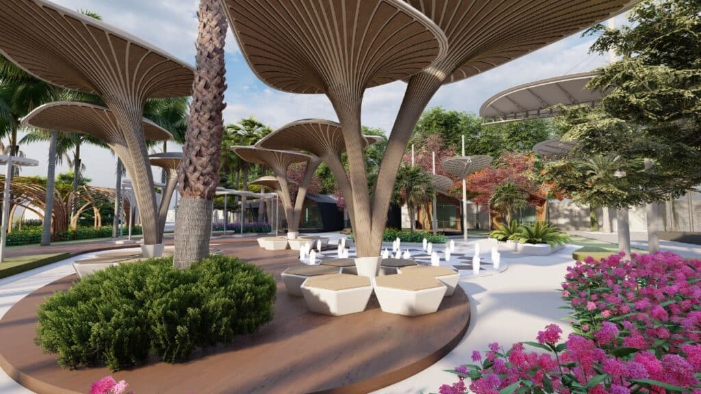 "Modern landscape design at The Creek DHA Lahore – structured green areas with premium hardscaping"