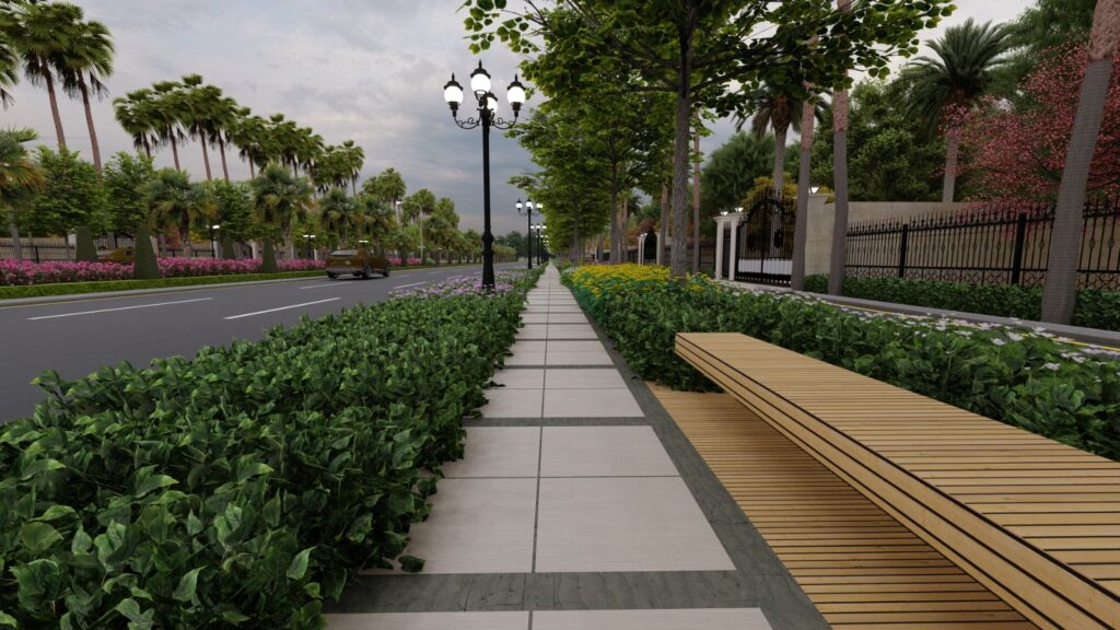 District One Faisalabad – hardscape and softscape elements in commercial landscape design