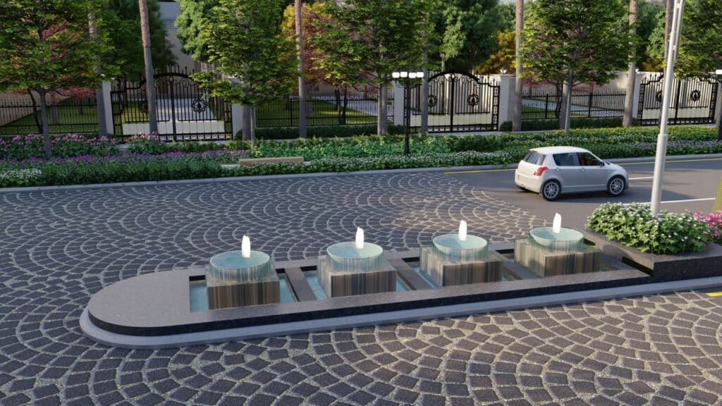 "Faisalabad District One commercial landscaping – entrance layout and green infrastructure" "Faisalabad District One commercial landscaping – entrance layout and green infrastructure"