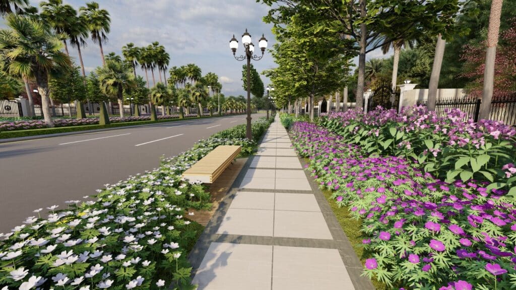 "Outdoor spatial planning and landscape aesthetics at District One Faisalabad"