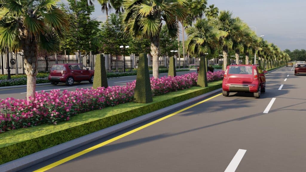 Landscape concept design at District One Faisalabad – modern commercial green space planning