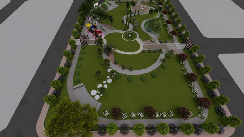 "Commercial park landscaping at District One Lahore – green space layout and visual harmony"
