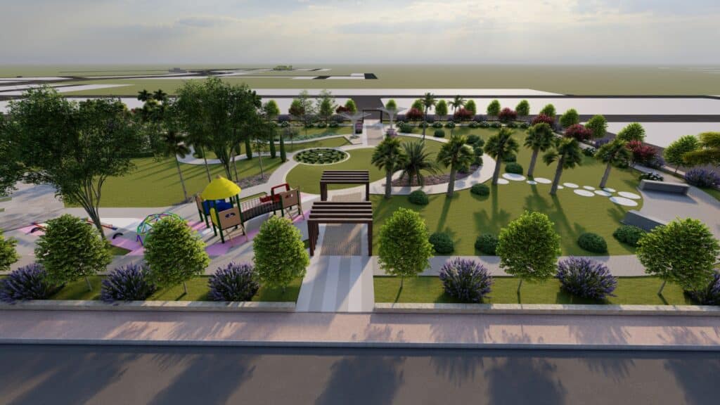 "District One Lahore Park 1 – landscape concept design with walkways and plantation zones"