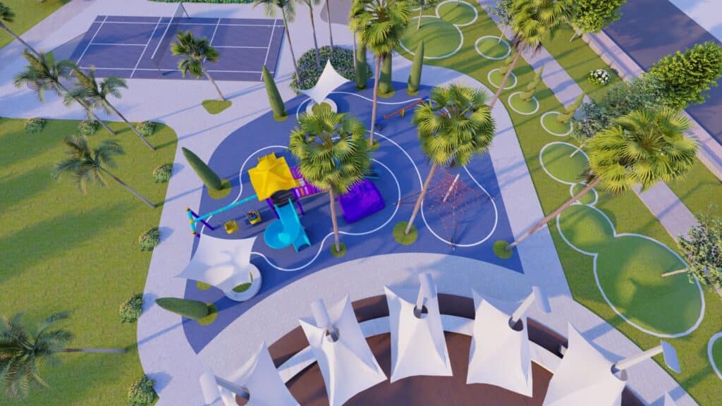 "District One Lahore Park 2 – commercial landscape design with open green areas and paved paths"