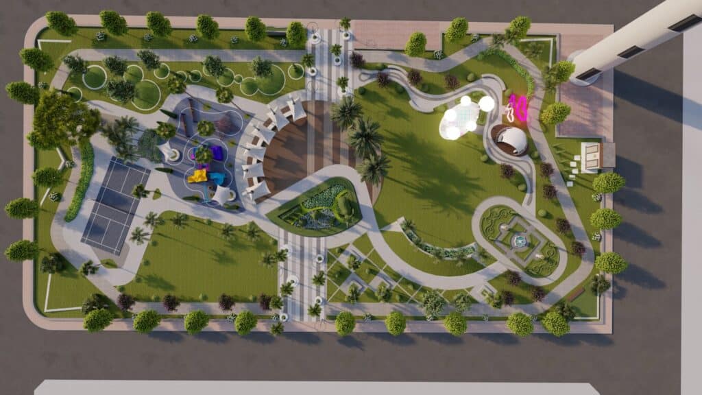 "Professional landscaping at District One Park 2 Lahore – symmetry, greenery, and space optimization"