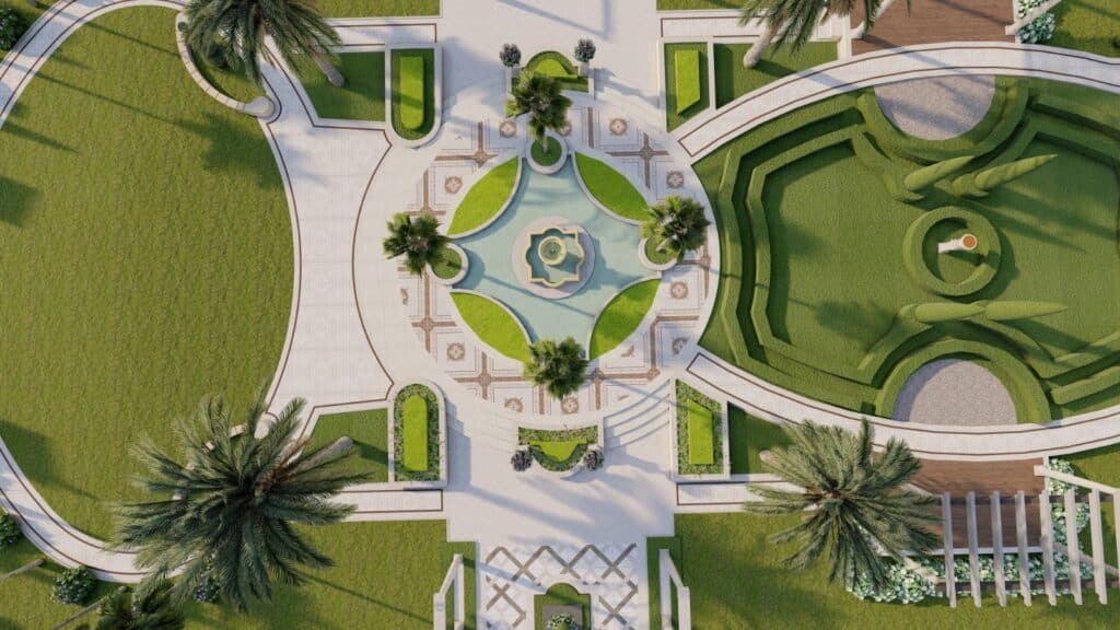 "The Enclave Multan landscaping project – modern green spaces with natural stone features"
