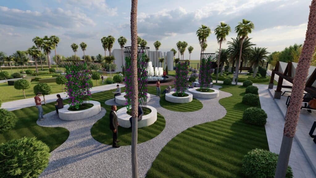 "Landscape design for Taj Commercial Hub Phool Nagar – modern commercial frontage with native plantings"