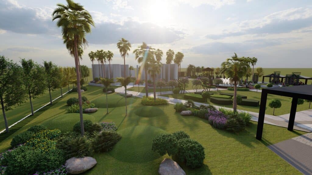 "Taj Commercial Hub Phool Nagar – hardscape elements and structured greenery for commercial appeal"