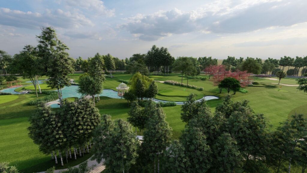 "Golf course landscape at Sitara Smart City – green space planning with native trees and water features"