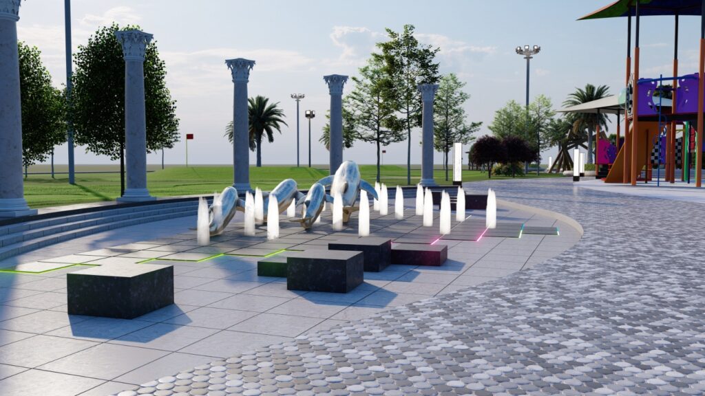 "Icon Valley Phase 2 Lahore – commercial landscaping with symmetrical plant beds and open communal areas"