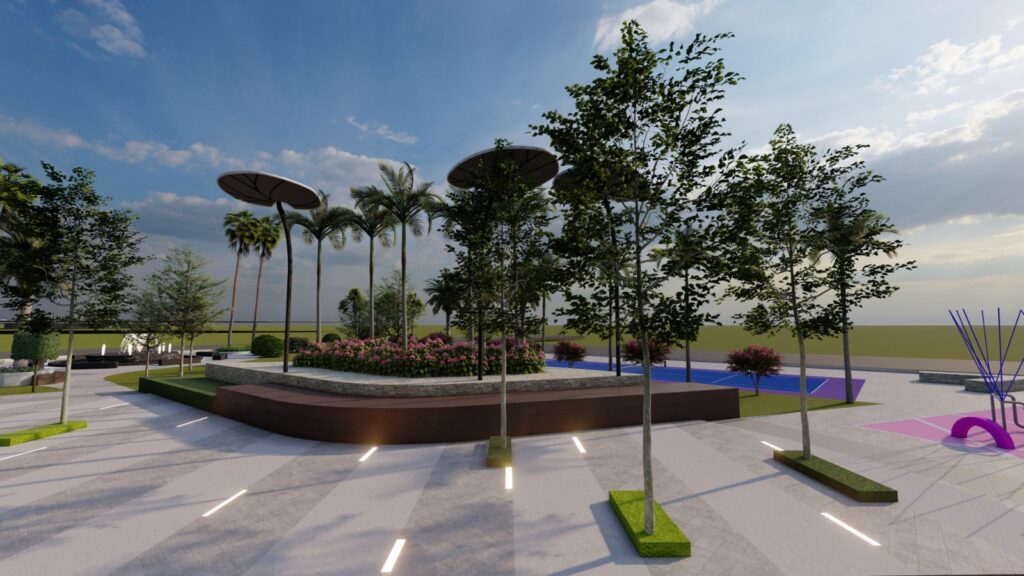 "PHA Amusement Park landscaping – child-friendly softscape integrated with seating and walkways"