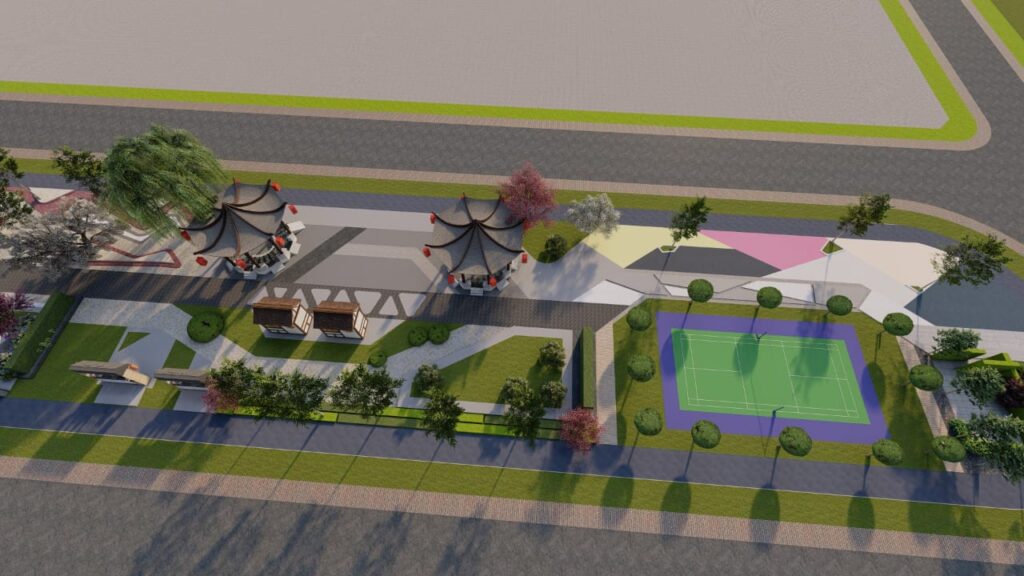 "Sitara Green City landscaping – eco-friendly garden design with ornamental features and walkways"