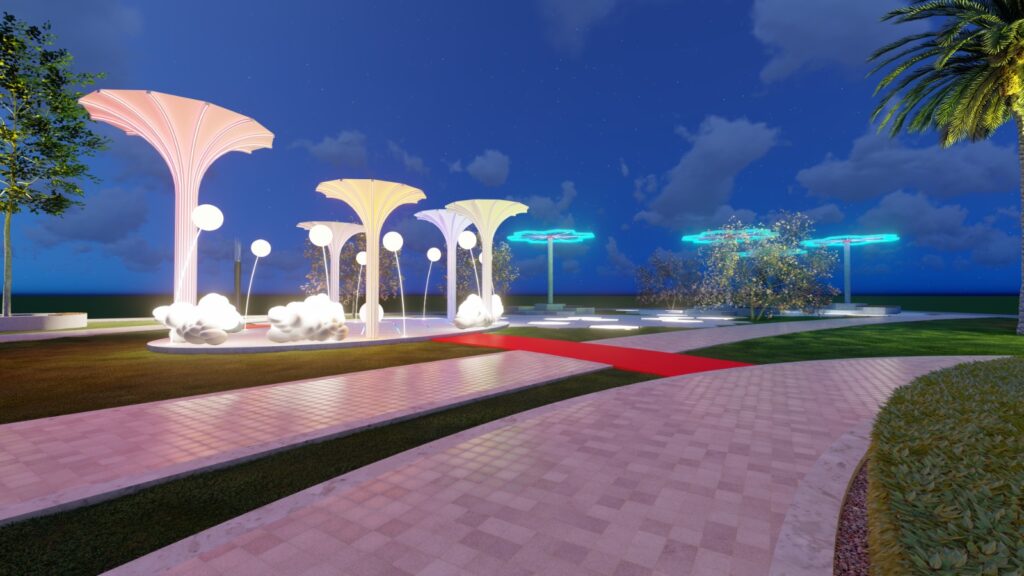 "Nighttime landscape view of Glow Park Sargodha – illuminated park trails and floral arrangements"