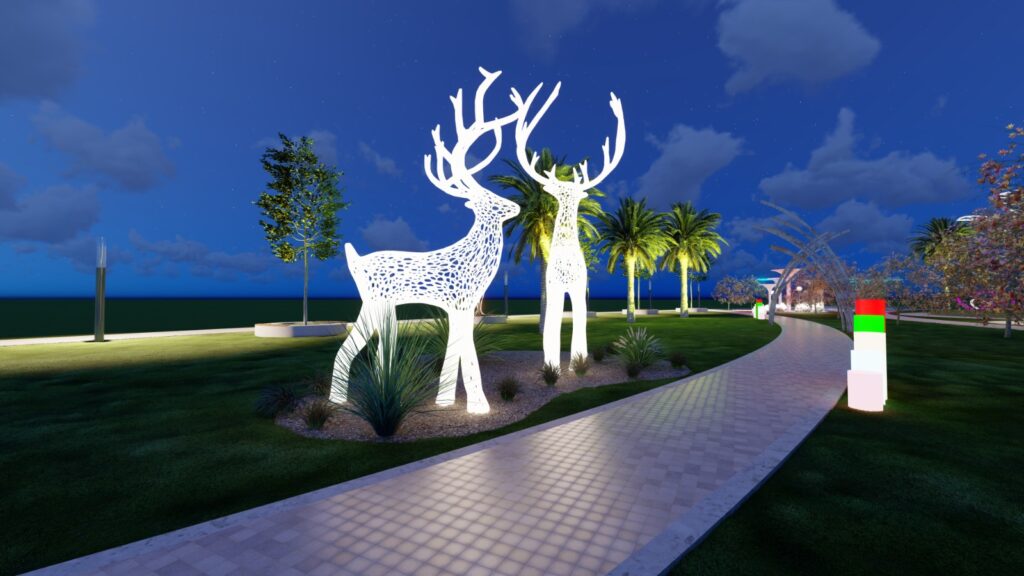 "Commercial landscaping at Glow Park Sargodha – nightscape lighting and structured greenery"