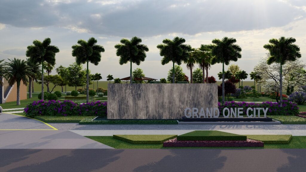 "Modern landscape design at Grand One City Sargodha – integrated planting and urban layout"