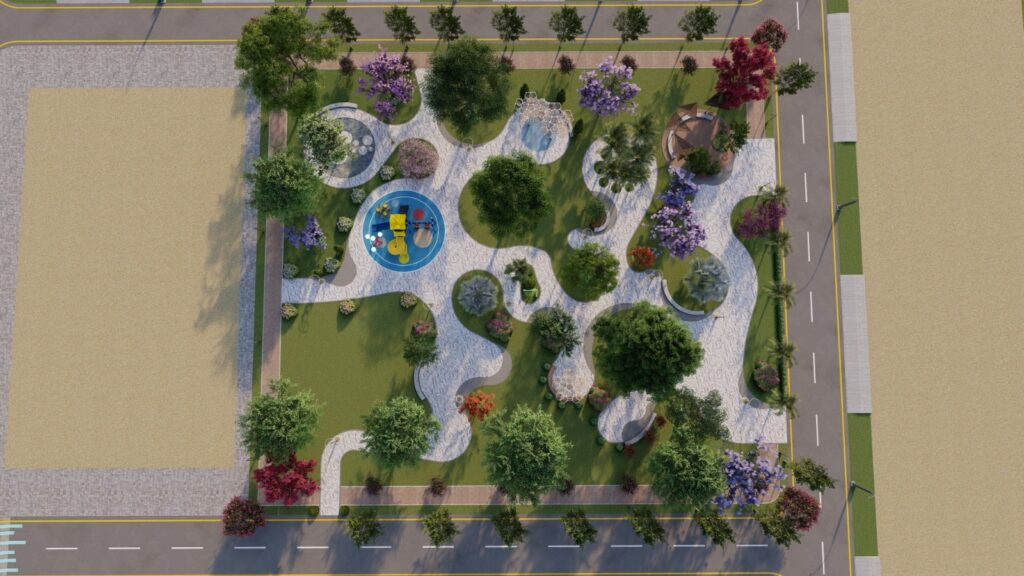 "Grand One City Sargodha – landscape planning for commercial development with greenery and walkways"