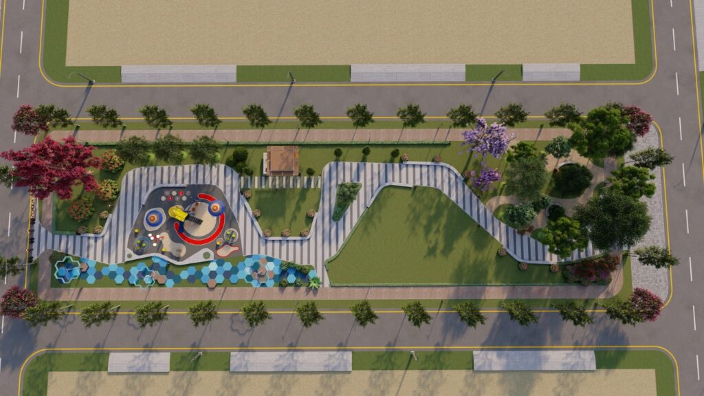 "Grand One City Sargodha – commercial landscape concept with organized green zones and paved pathways"