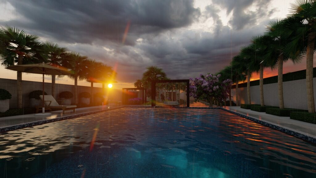 2 Kanal residential landscape design in Lahore with lush green lawn and structured plant beds