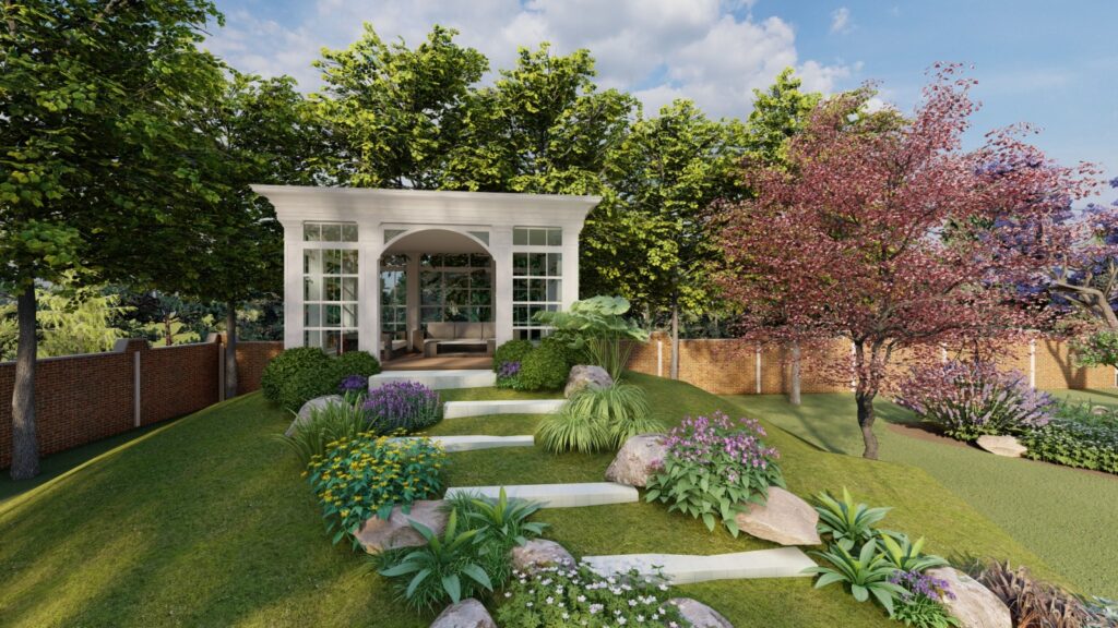 Expansive lawn and tree-lined landscape at 32 Kanal farmhouse in Lahore