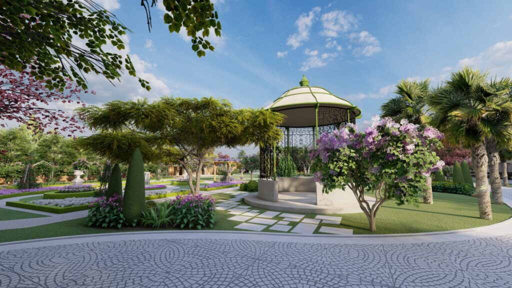 Custom-designed garden layout with modern aesthetics for large farmhouse