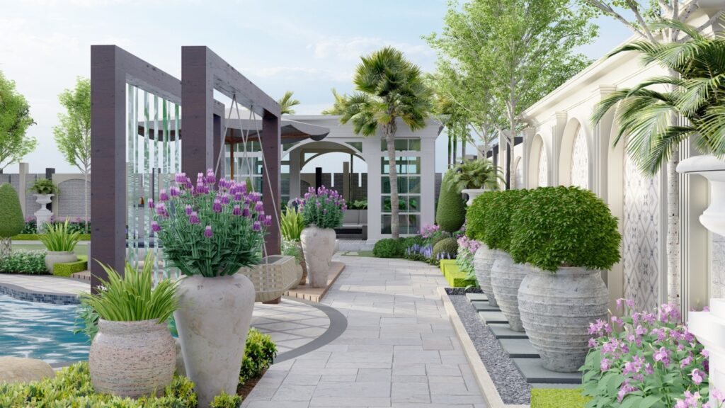 Private garden space with pergola and native plantation in DHA Lahore