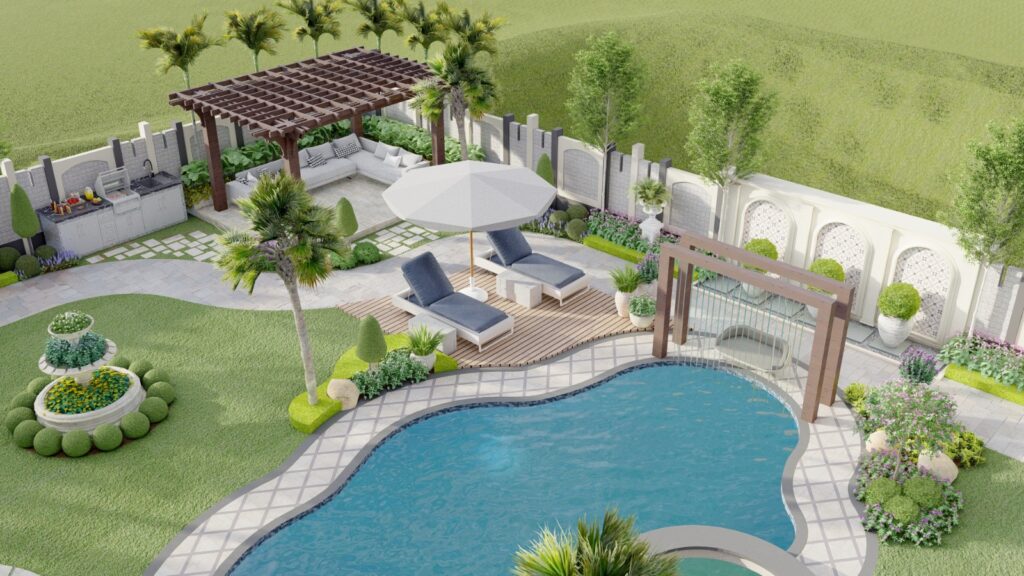 Lush green lawn with structured planting – 2 Kanal DHA X Block farmhouse