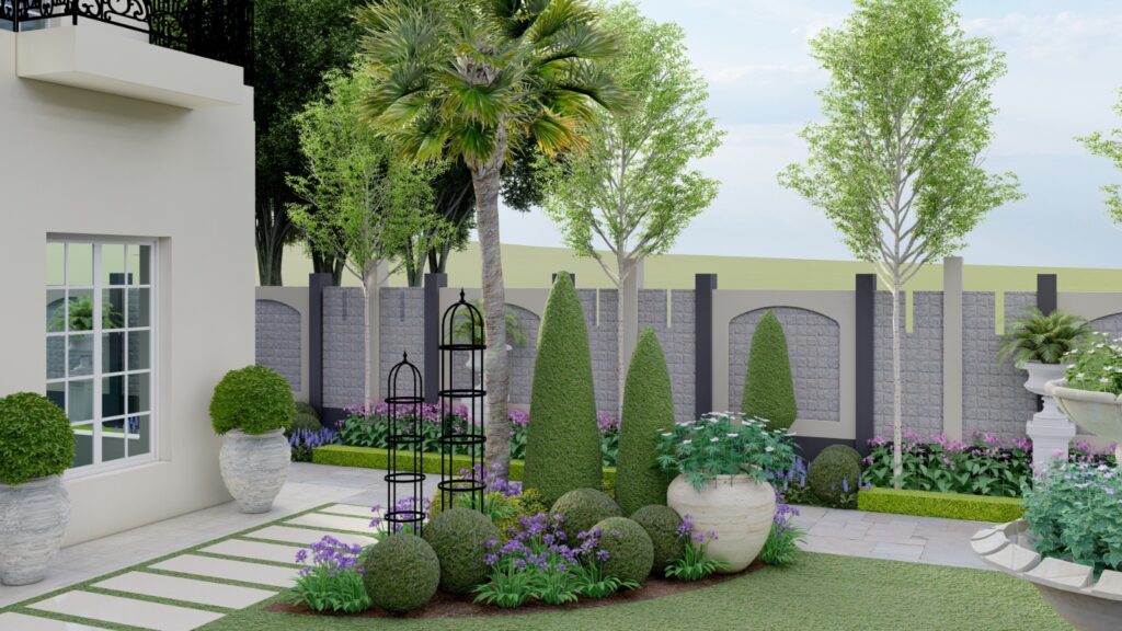 Front yard concept design with layered shrubs and ornamental trees
