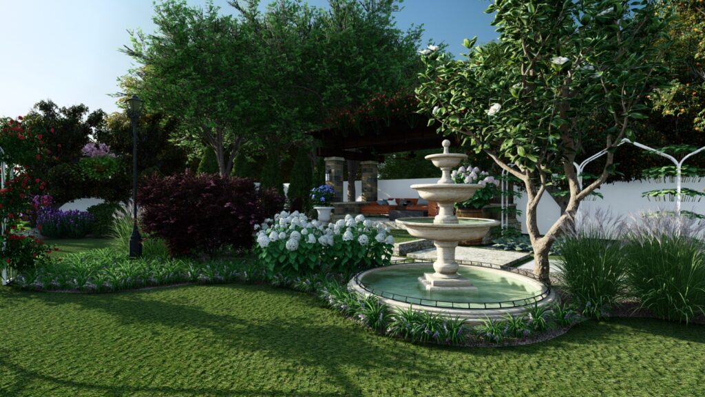 Fruit trees and herbal patches in large-scale permaculture garden