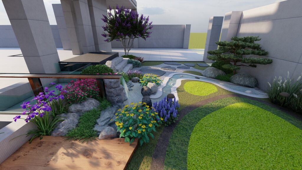 Backyard garden layout for 1 Kanal DHA Lahore property with dense planting and structured design