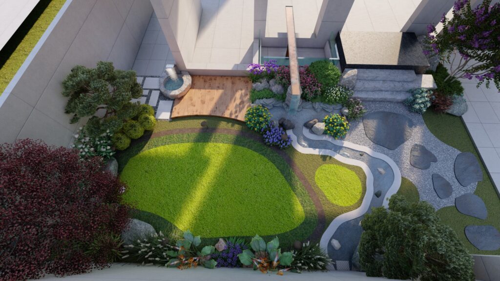 Custom outdoor design plan for DHA Lahore 1 Kanal home featuring maximalist landscape architecture