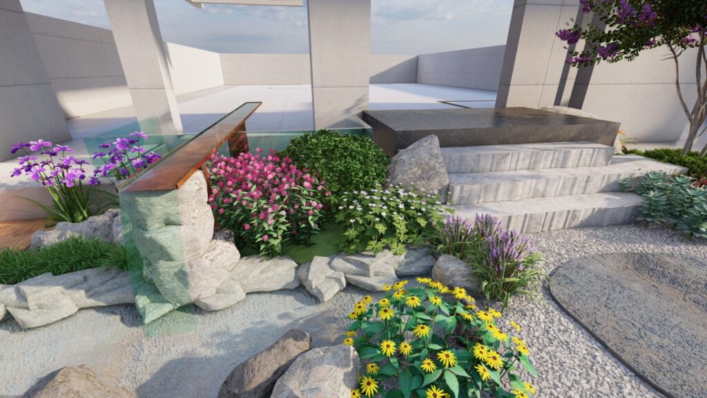 Front yard landscape concept for 1 Kanal DHA Lahore residence with vibrant foliage and hardscaping