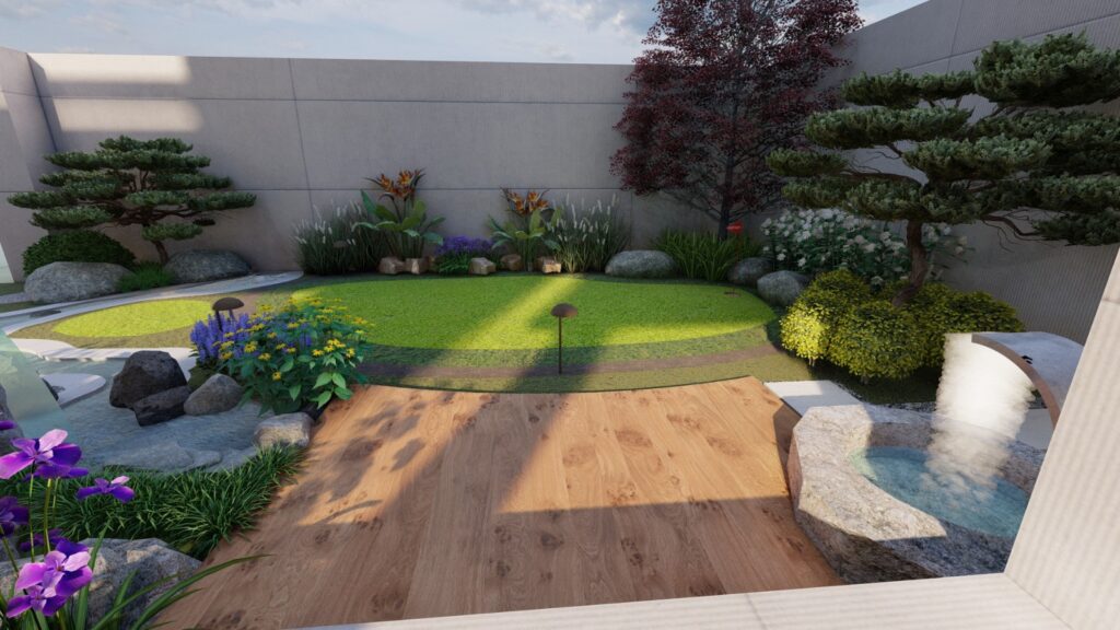 Maximalist residential landscape design for 1 Kanal house in DHA Lahore with bold plant arrangements