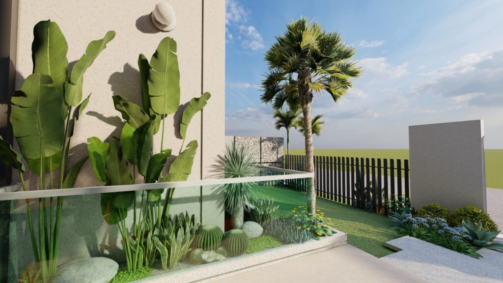 Minimalist landscape design for 1 Kanal house in Dream Gardens Lahore with clean lines and greenery