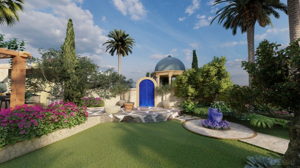 Sun-kissed landscape design with crushed stone ground cover and wooden accents