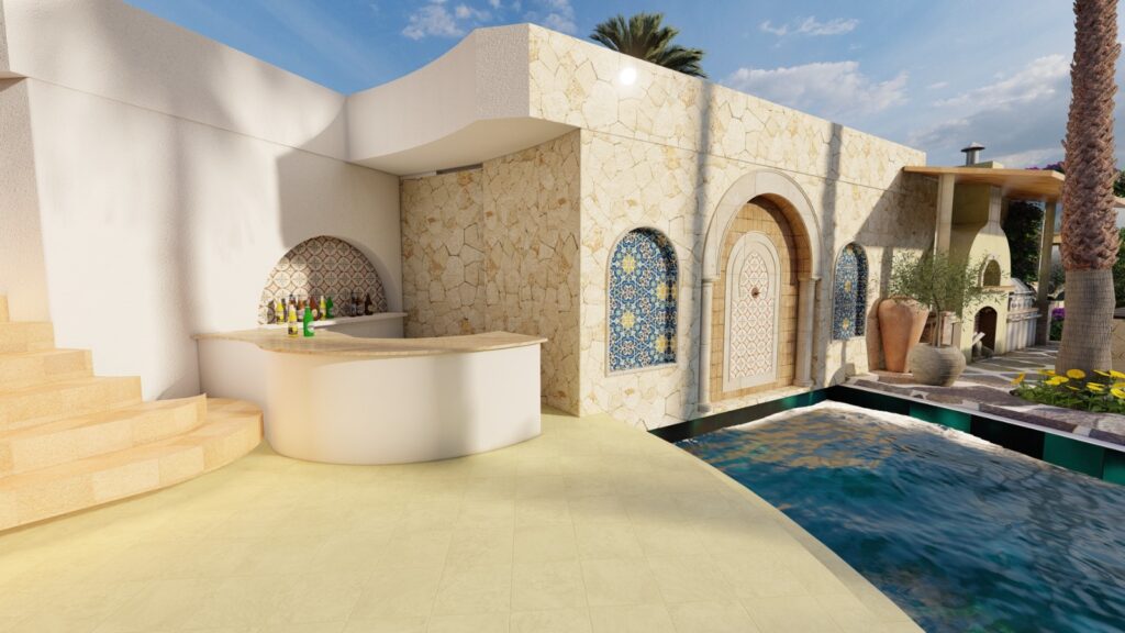 Mediterranean courtyard-style garden with warm tones and classic design features
