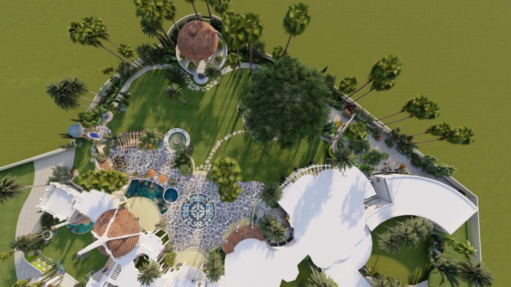 Mediterranean courtyard-style garden with warm tones and classic design features