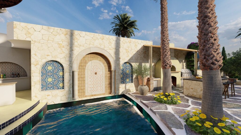 Rustic Mediterranean landscape design at Bajwa's Ranch in Lahore with terracotta elements