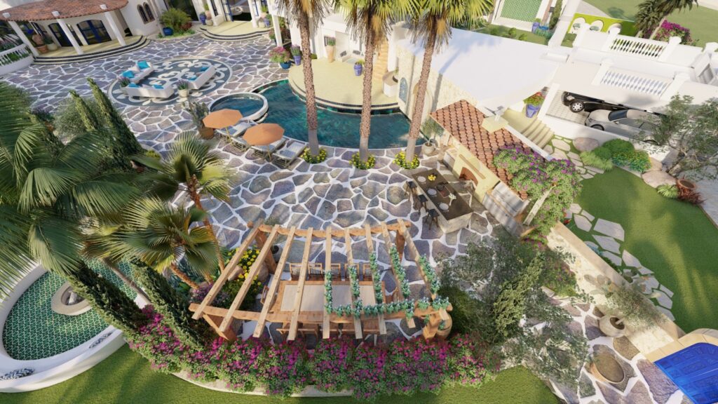 Stone pathway surrounded by native plants at Bajwa’s Mediterranean-style ranch