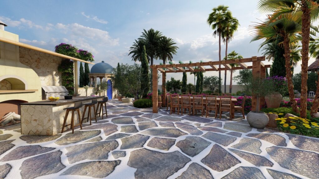 Olive trees and rustic seating area at Bajwa's Ranch, Lahore