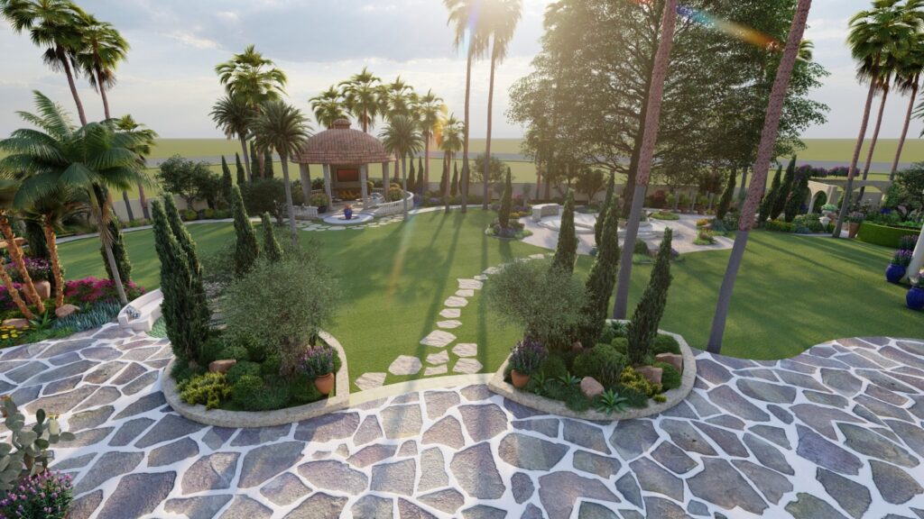 Earth-toned garden with textured walls and climbing vines in rustic ranch style