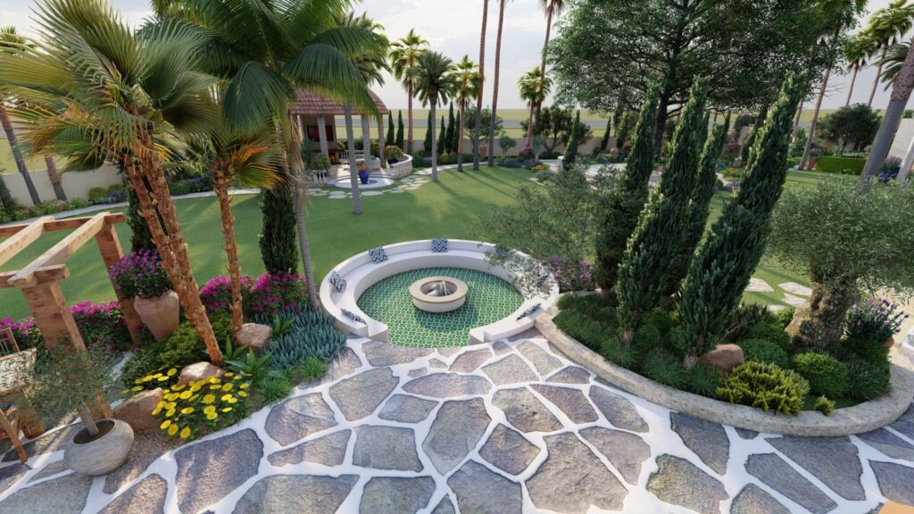 Outdoor lounge space with rustic tile flooring at Bajwa’s Mediterranean garden