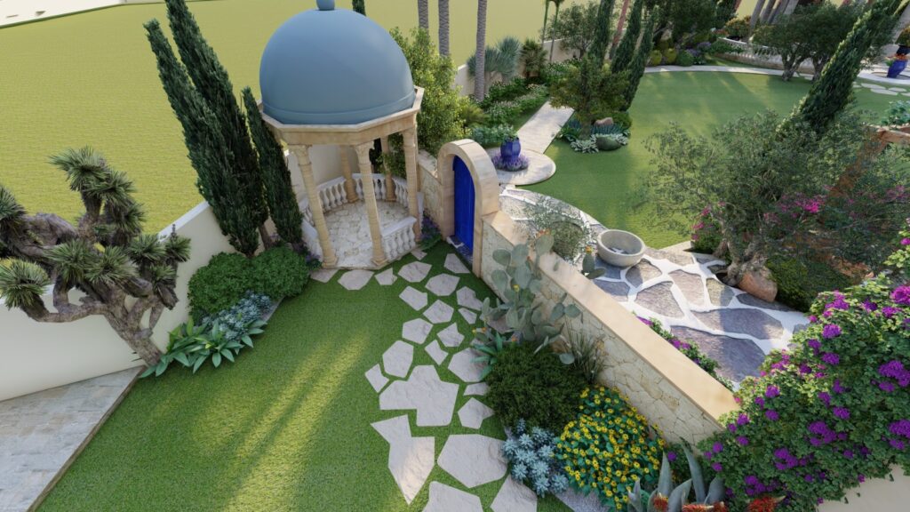 Gravel patio surrounded by lavender and rosemary plants in Lahore ranch garden