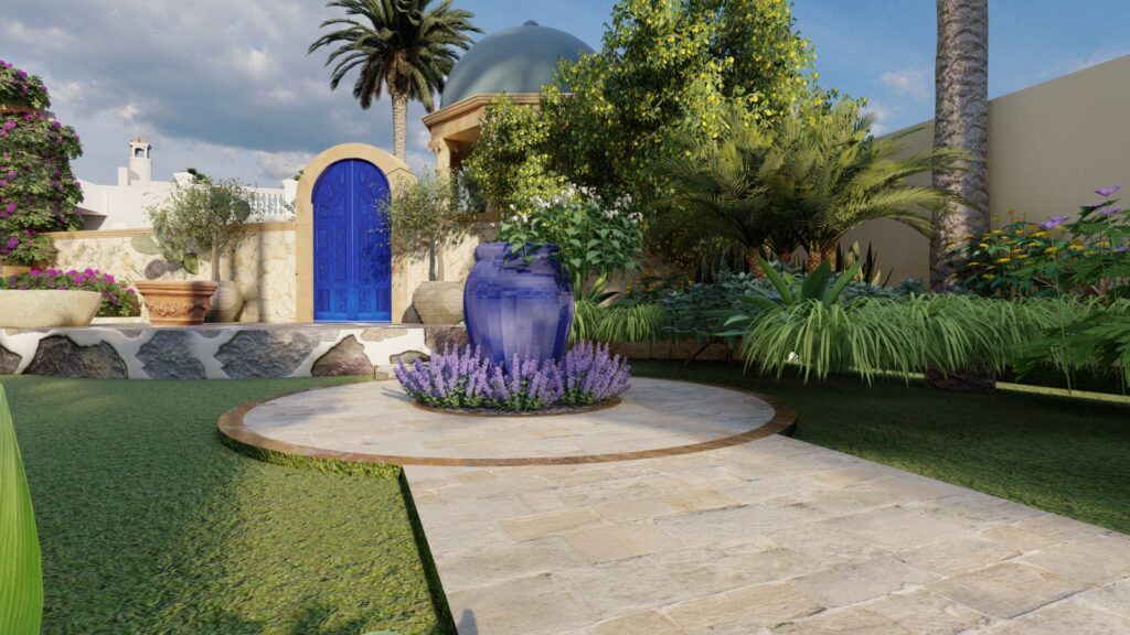 Mediterranean garden pergola with climbing bougainvillea at Bajwa’s Ranch