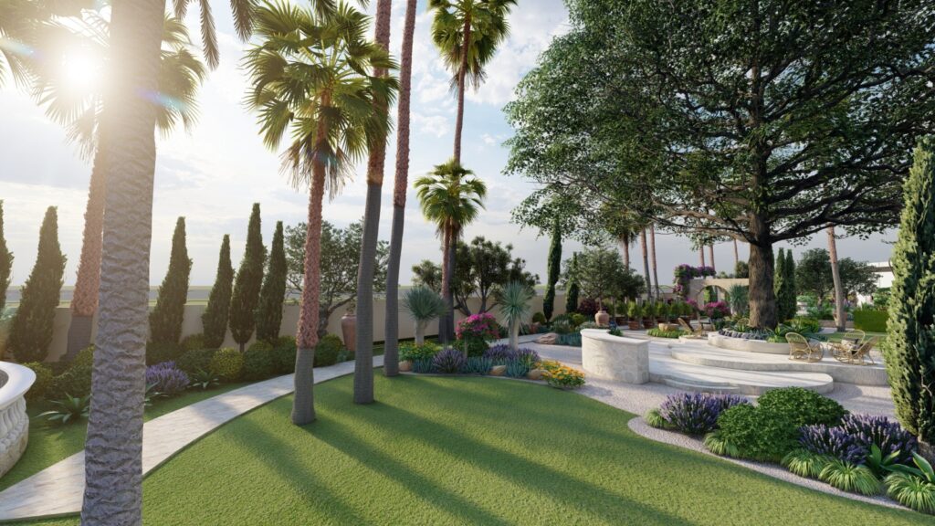 Rustic stone water feature integrated into ranch garden in Lahore