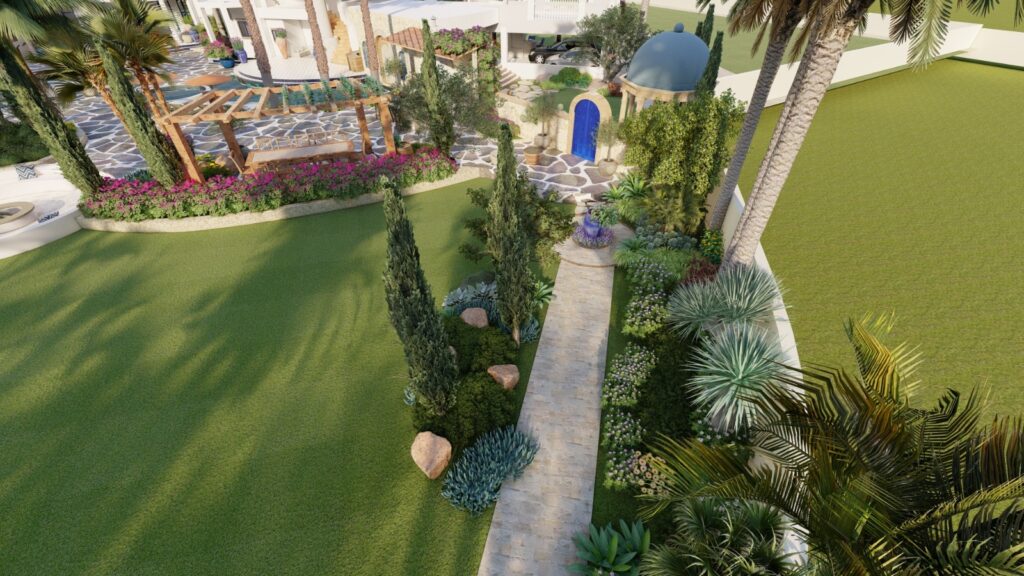 Drought-tolerant Mediterranean plants lining the ranch walkways