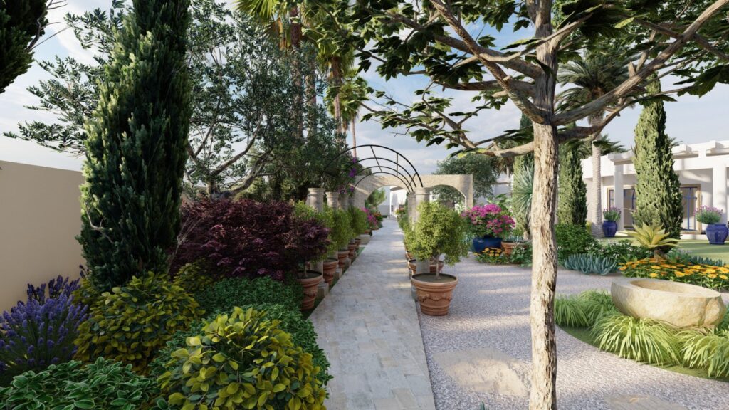 Courtyard with terracotta pots and rustic charm at Bajwa’s Ranch, Lahore