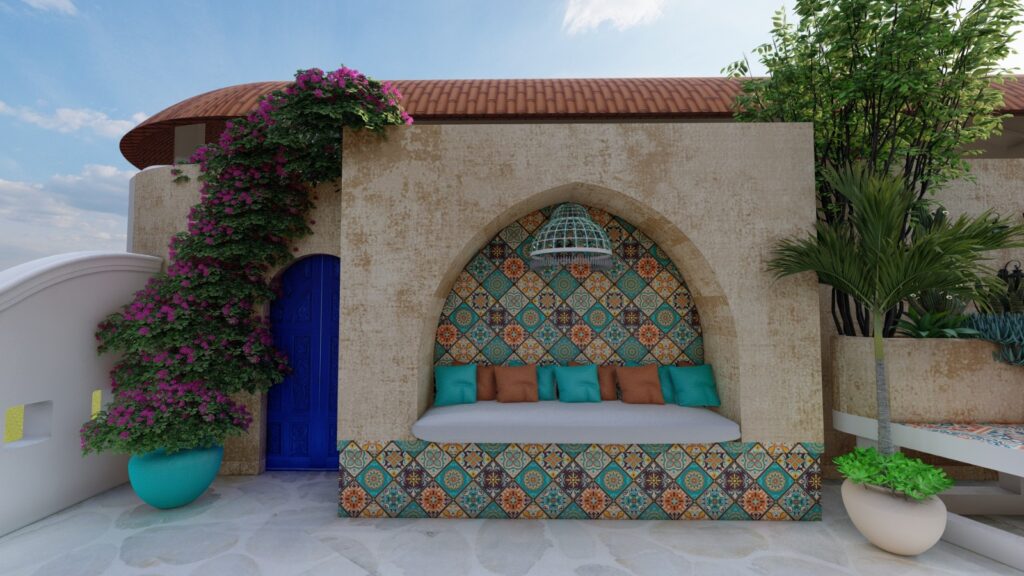 Relaxing rooftop space featuring Mediterranean design principles and plants