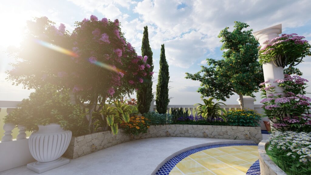 Rustic rooftop garden with coastal Mediterranean landscape style